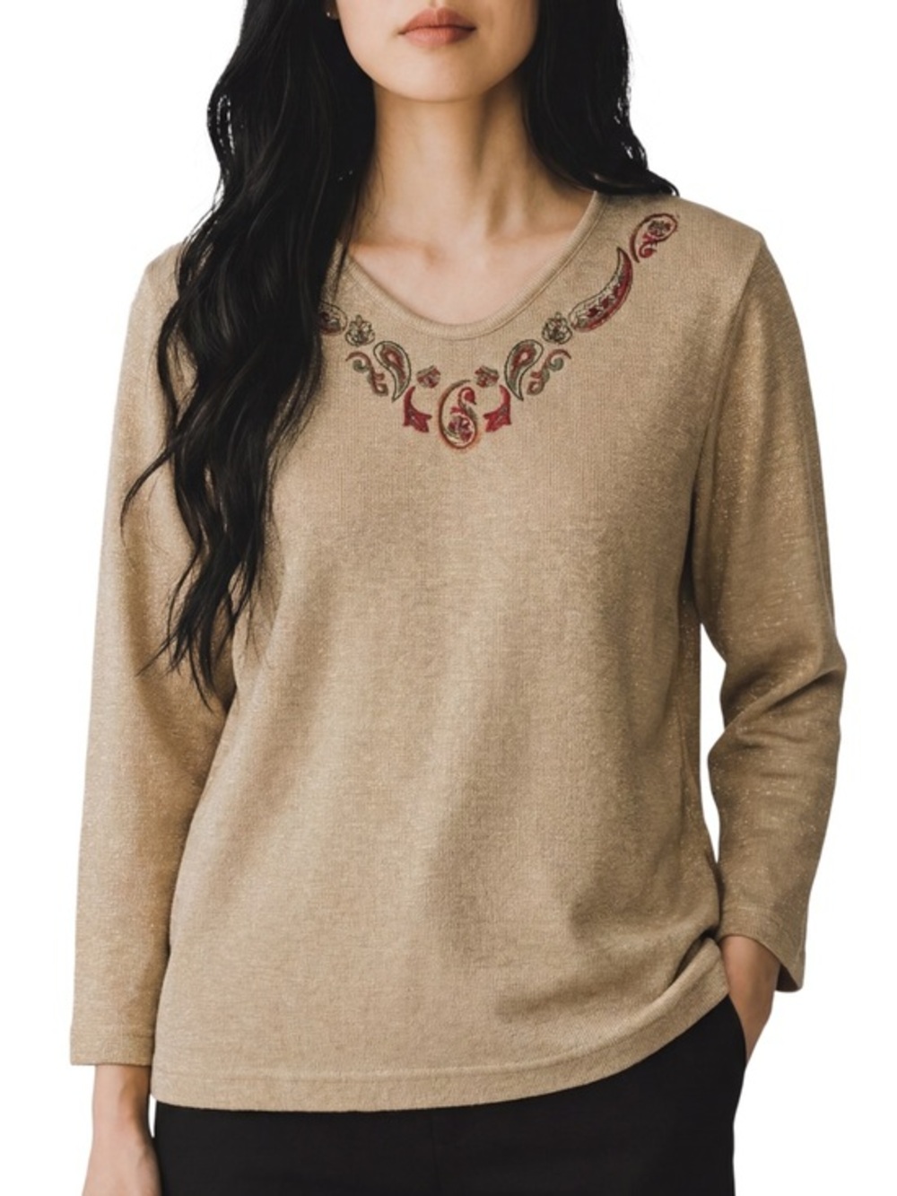 4/$20 BonWorth Petite Long Sleeve Tee Embroidered Neckline Small